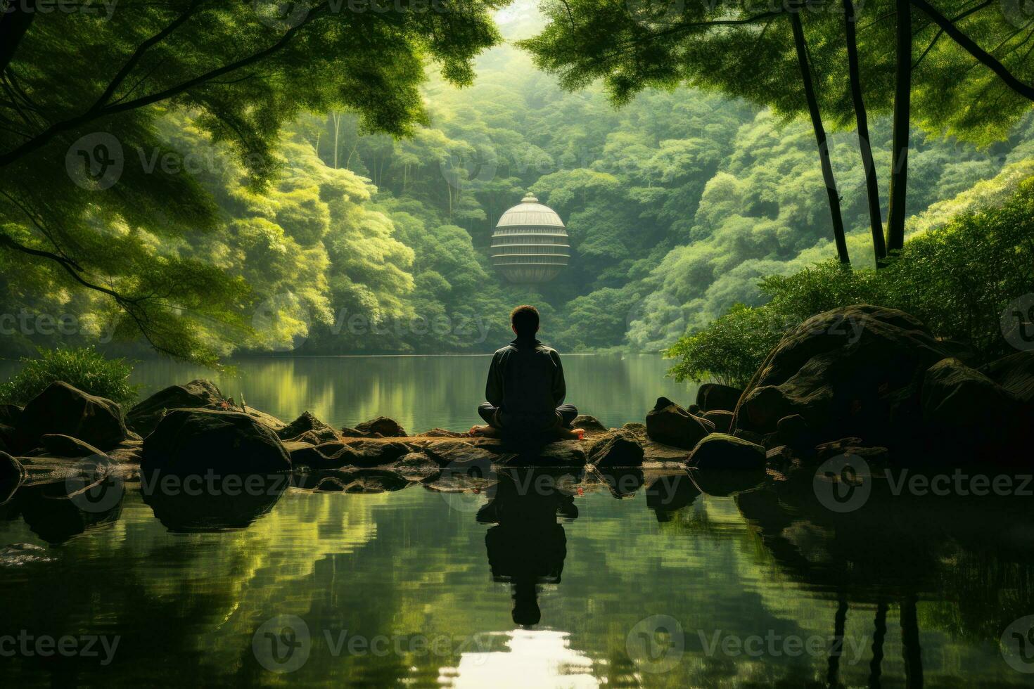 a man meditates against the background of green calm nature, the concept of yoga, self-knowledge generative ai photo