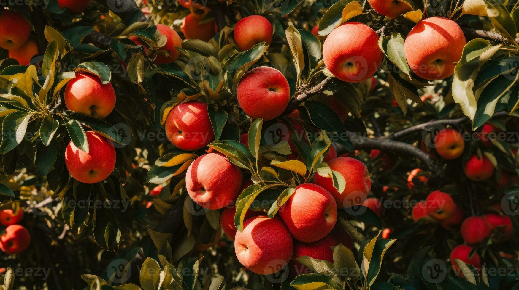 rojo manzanas en el árbol generativo ai foto