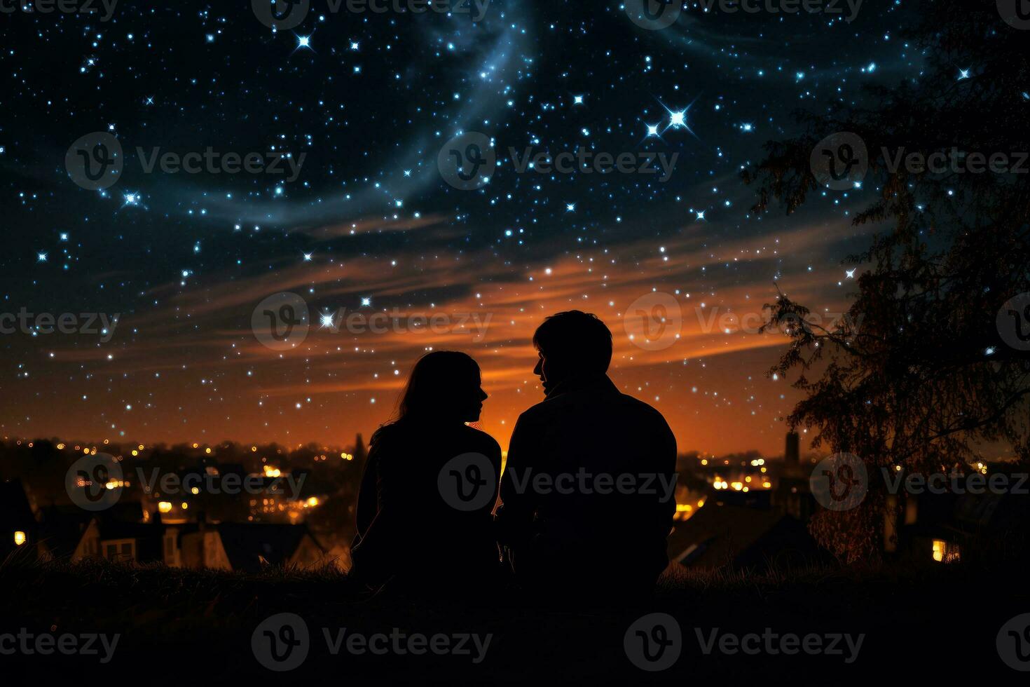 couple in love admiring the night stars, romantic  atmosphere generative ai photo