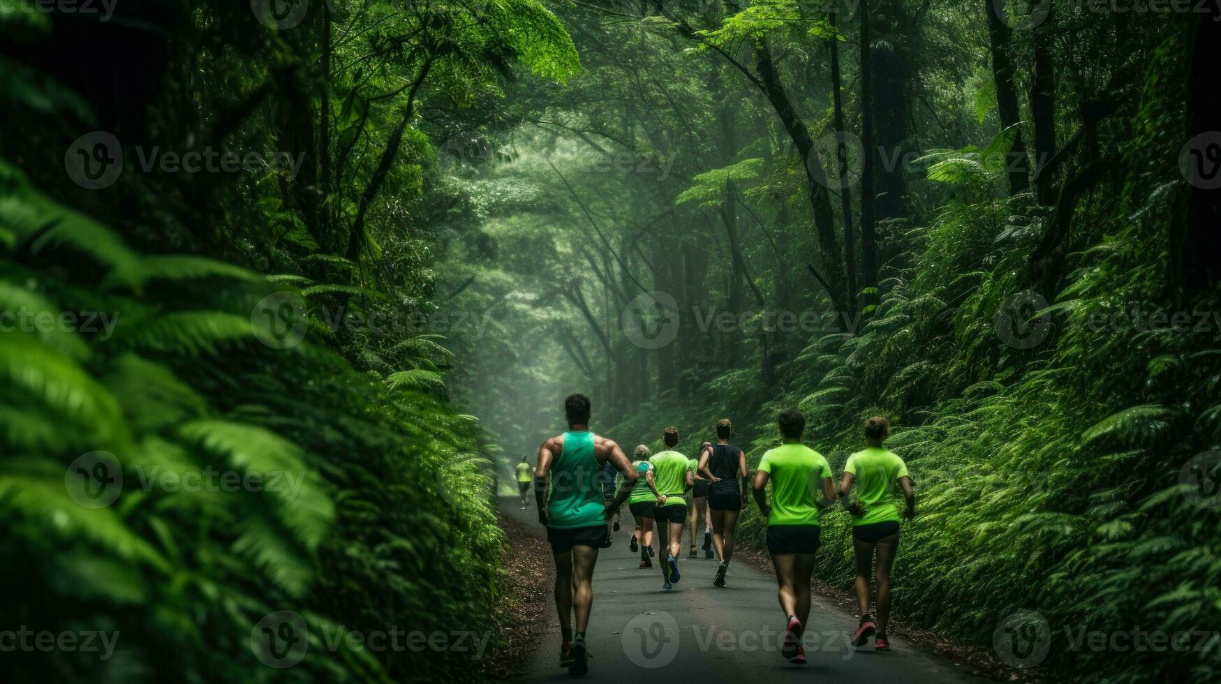 running marathon on the track in the forest jungle generative ai photo
