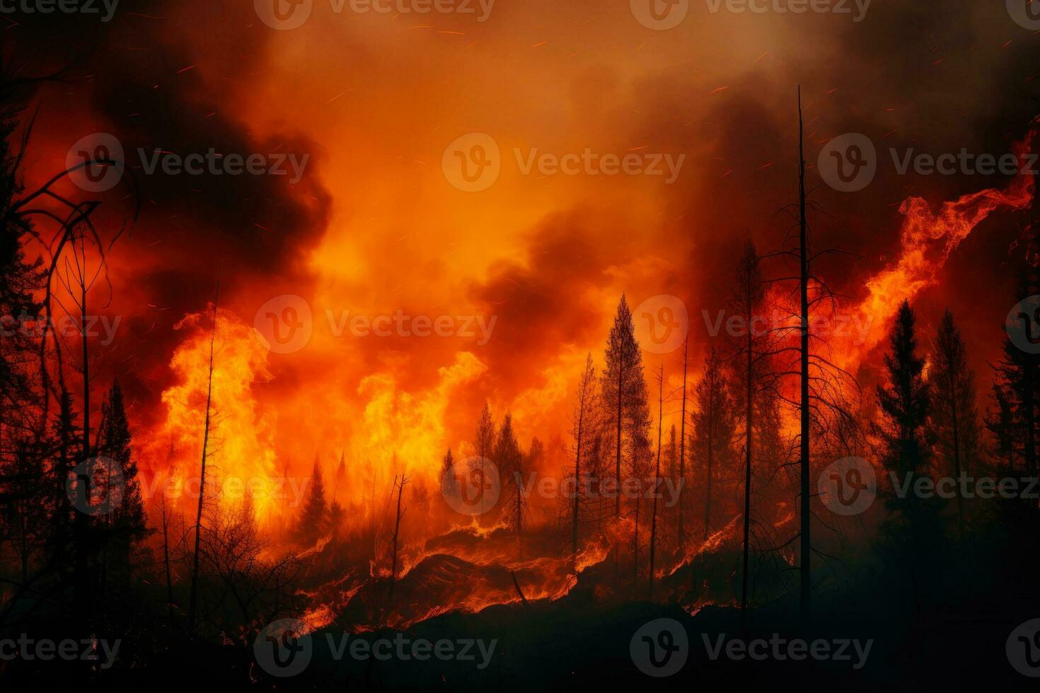 fire safety in the forest, orange flames engulfed the trees generative ai photo