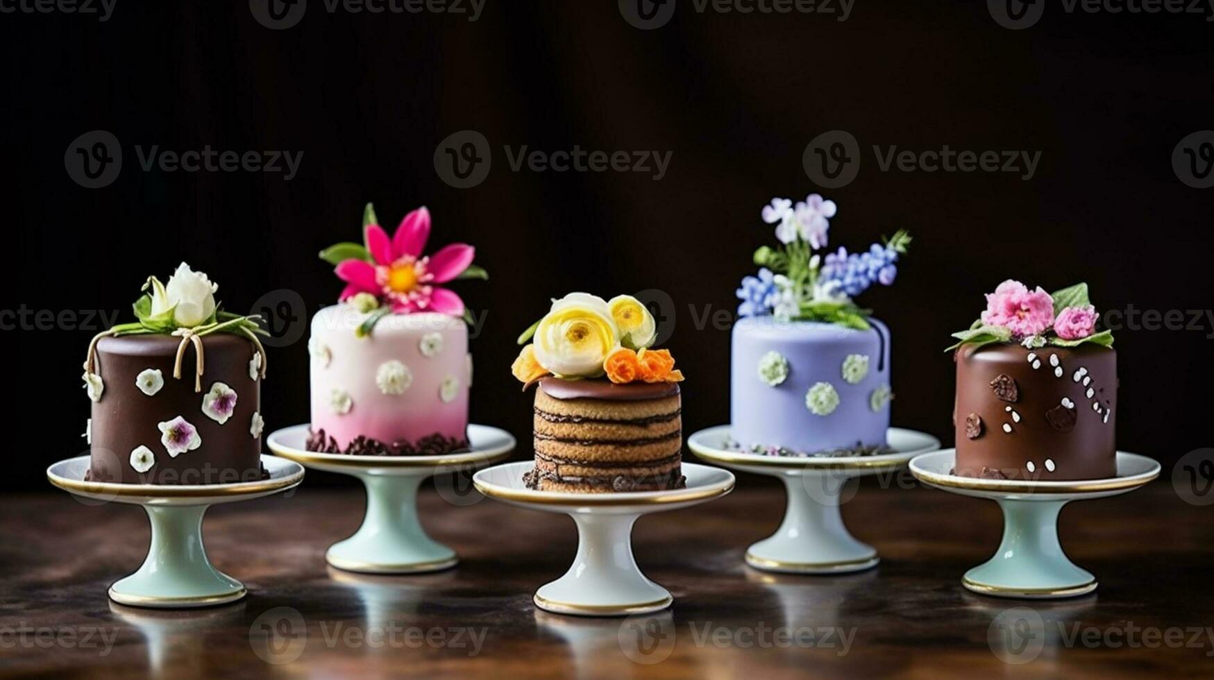 Miniature chocolate cakes, decorated with edible flowers. Generative AI photo