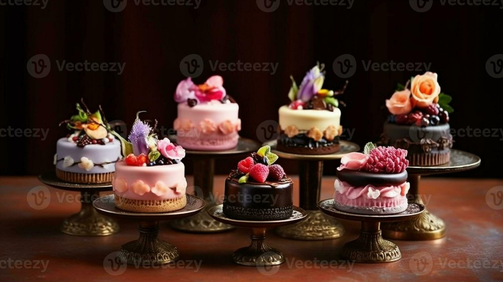 Miniature chocolate cakes, decorated with edible flowers. Generative AI photo