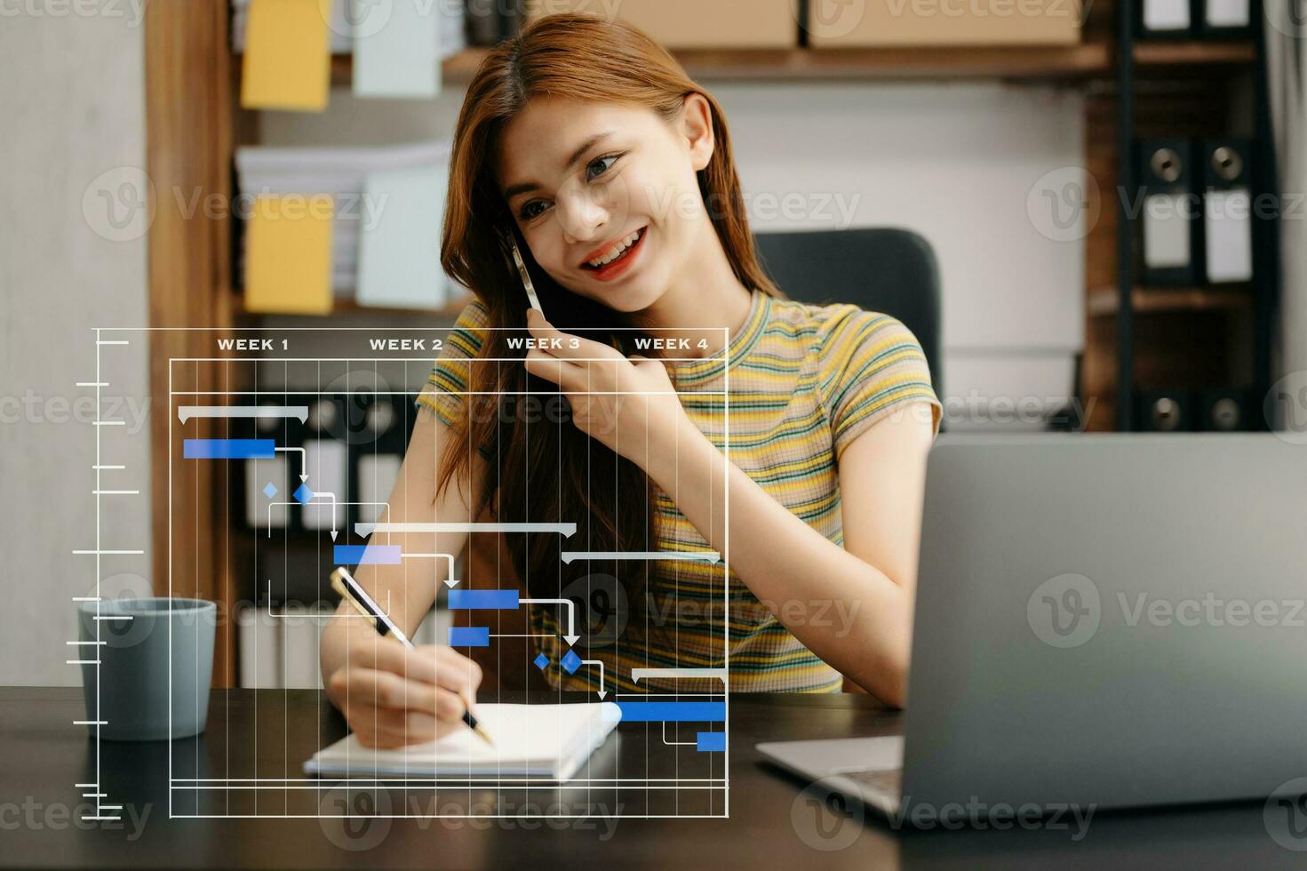 Project manager working and update tasks with milestones progress planning and Gantt chart scheduling diagram. business working with smart phone, tablet and laptop in office. photo