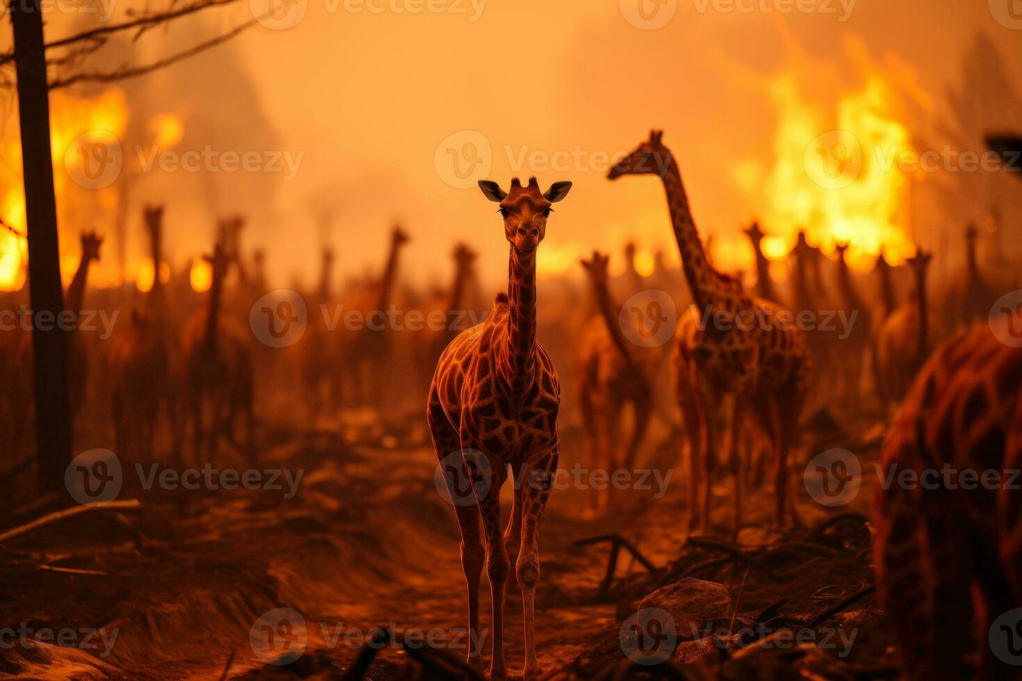 giraffe animal fleeing fire forest fires generative ai photo