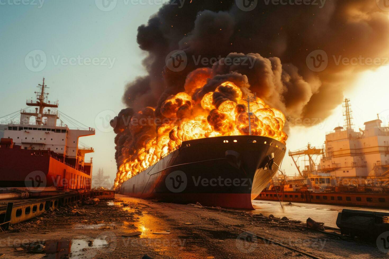 burning cargo ship with containers in the seaport generative ai photo