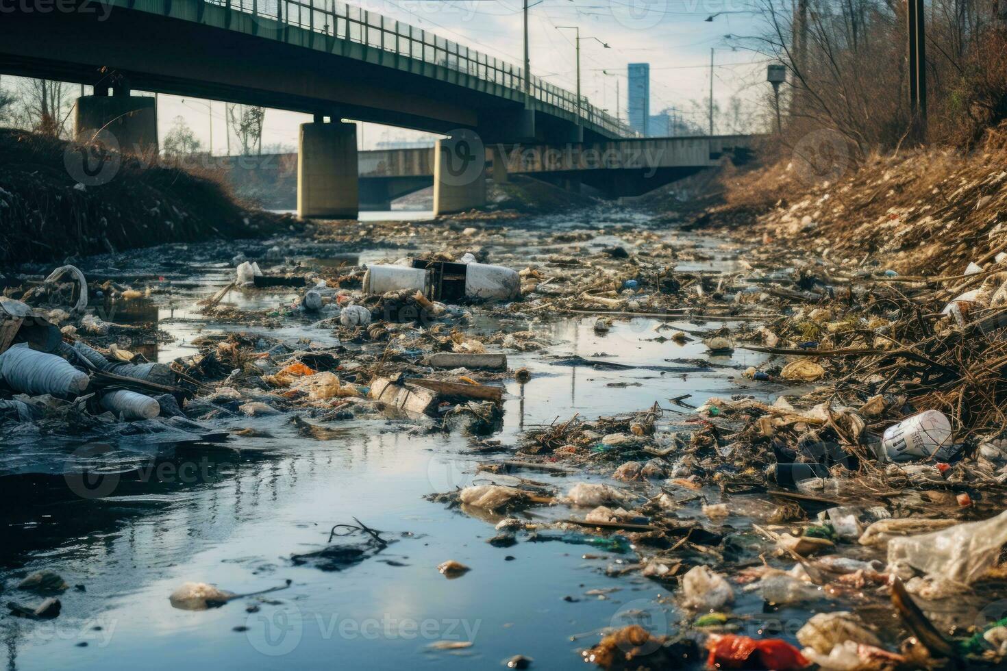 indio río contaminado con basura y residuos generativo ai foto