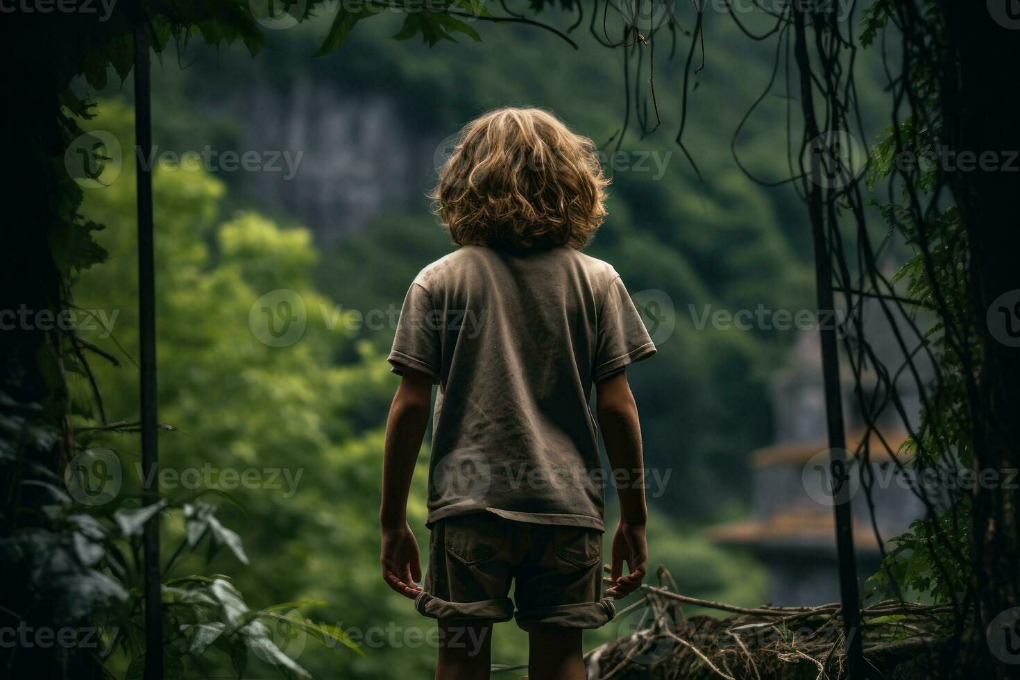 boy walking in the forest back view generative ai photo