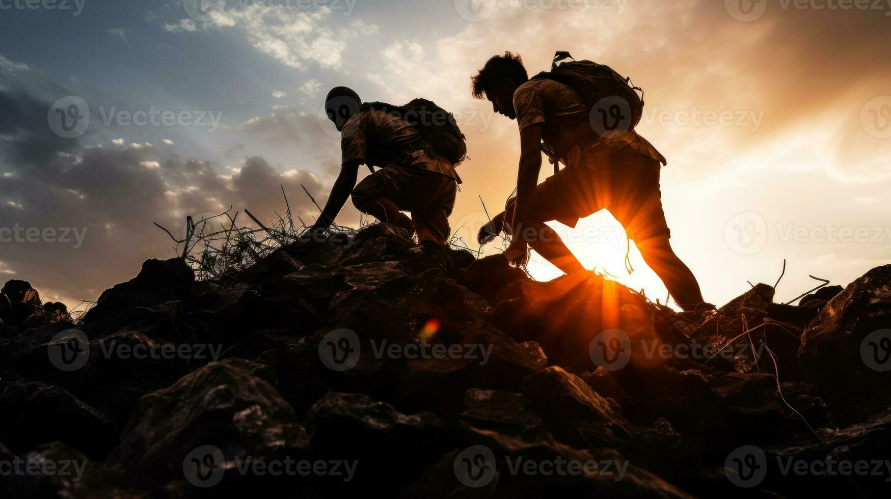 2 people climb in mountain survival in the wild nature generative ai photo