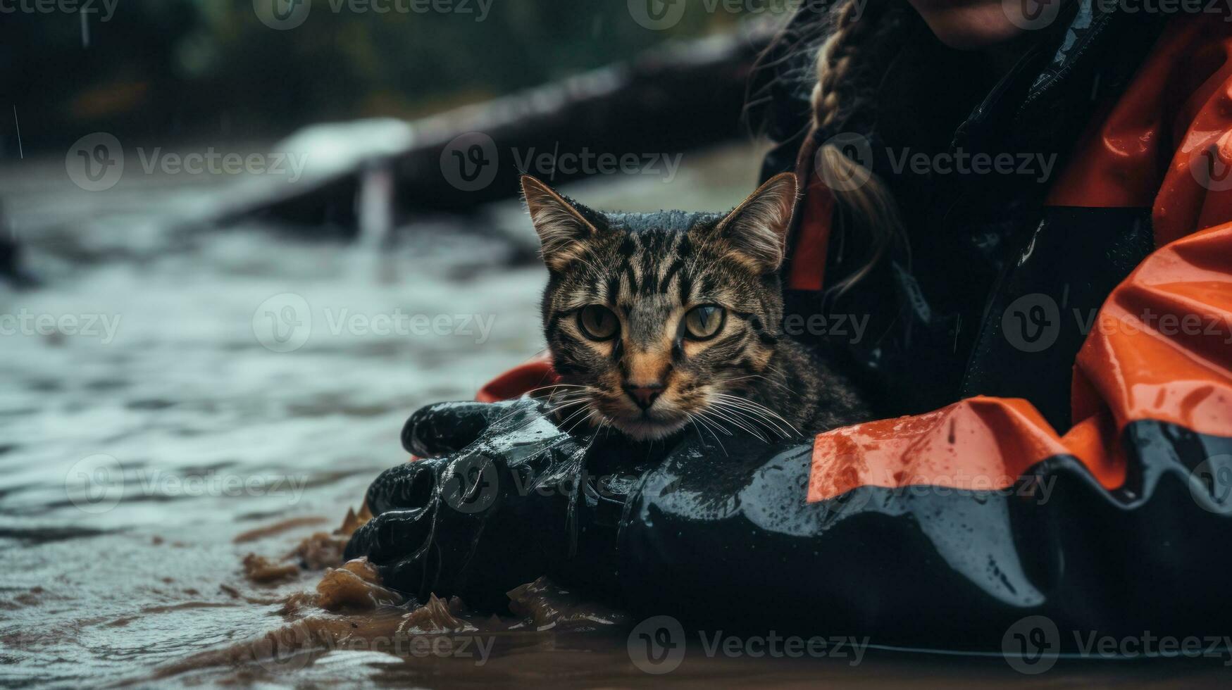 Salvavidas ahorra un gatito desde el agua durante el inundar generativo ai foto