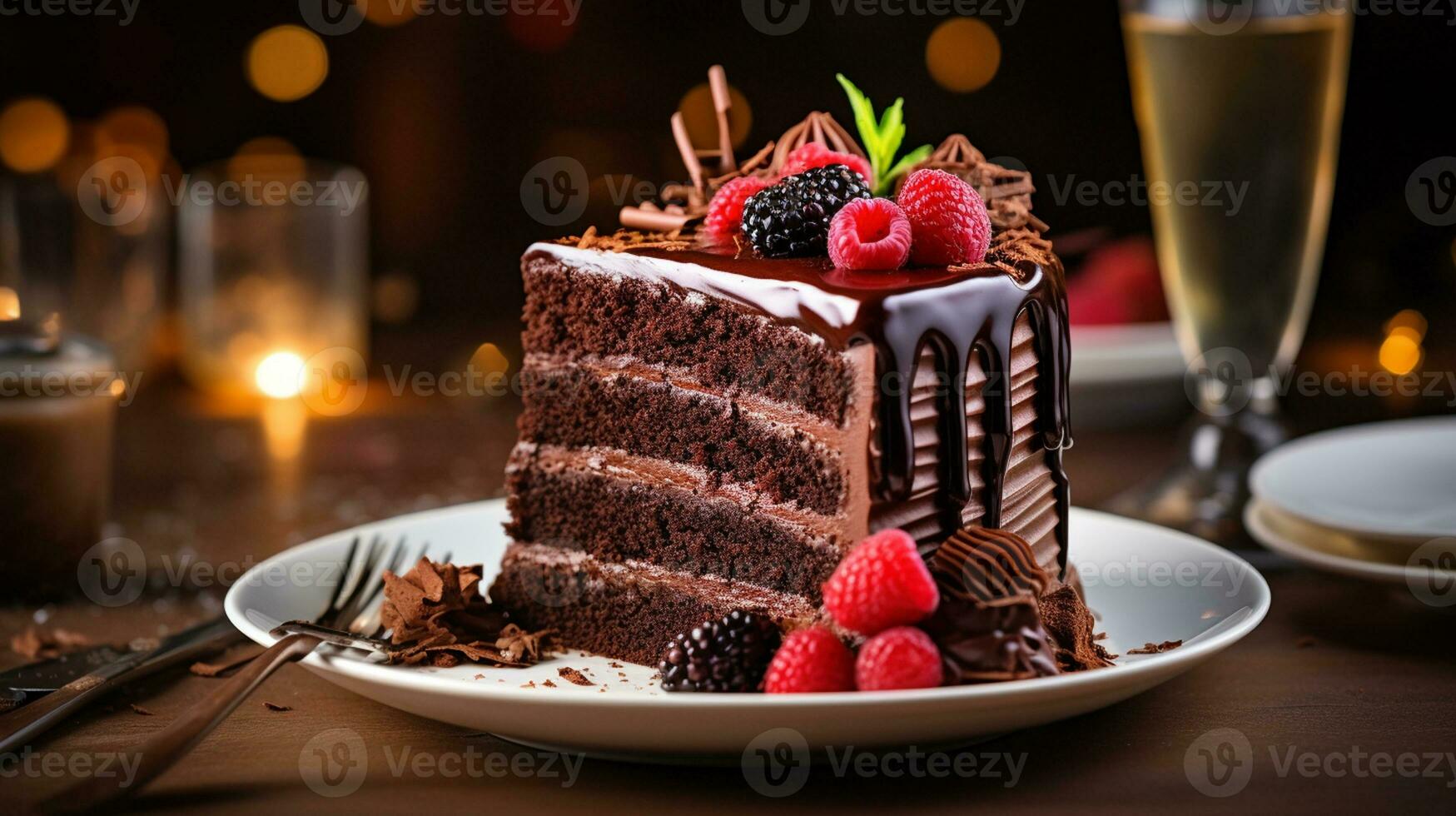 A slice chocolate cake adorned with luscious ganache, fresh berries, and a dusting of cocoa powder. Generative AI photo