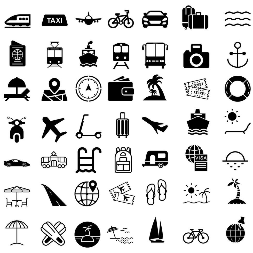 Travel vector icon set. tourism transportation illustration sign collection. Contains icons as airplane, booking, last minute deals, ecotourism, cultural tourism and more.