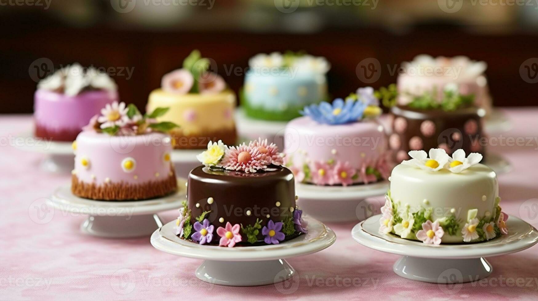 miniatura chocolate pasteles, decorado con comestible flores generativo ai foto