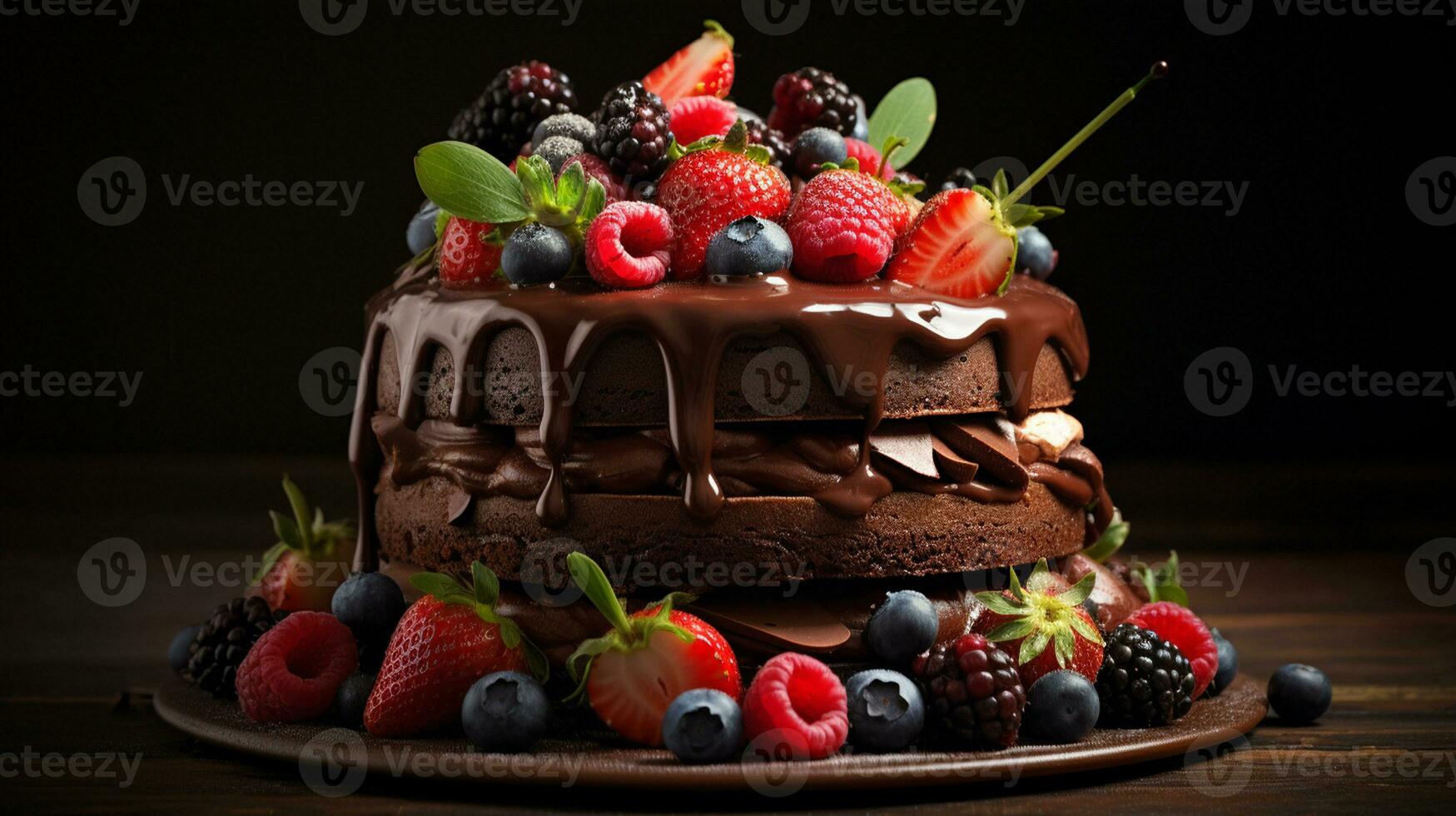 Triple layered chocolate cake adorned with luscious ganache, fresh berries, and a dusting of cocoa powder. Generative AI photo