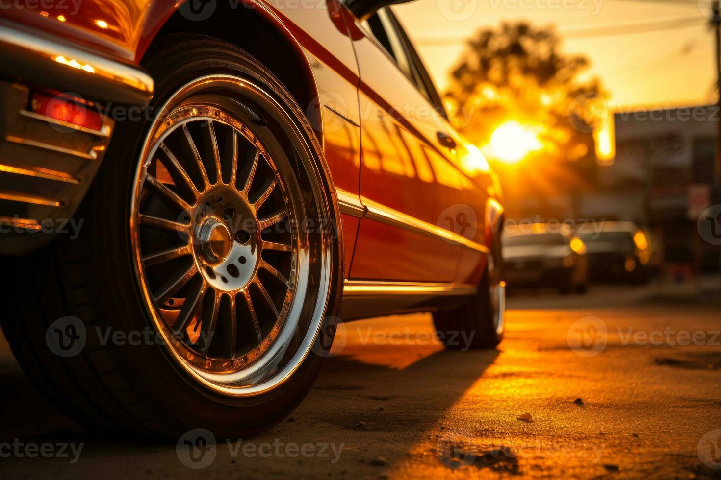 beautiful chrome wheels on a retro car sun light generative ai photo
