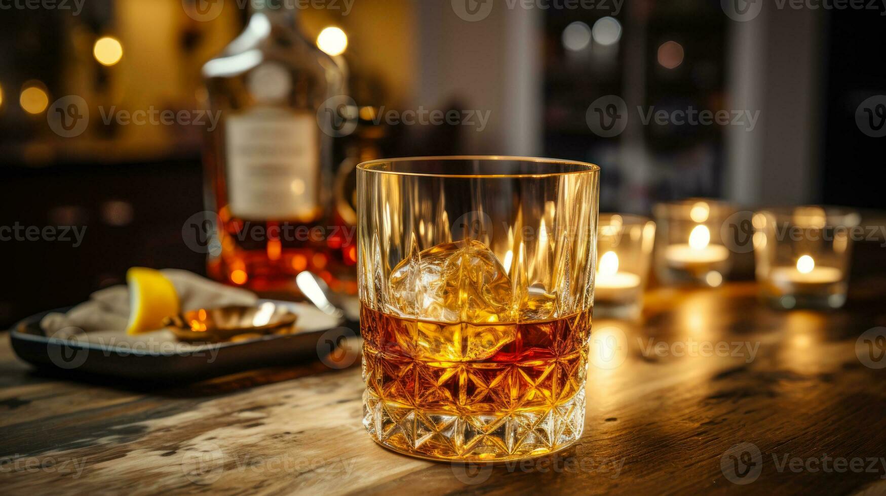 whisky alcohol bebida con hielo en un vaso generativo ai foto