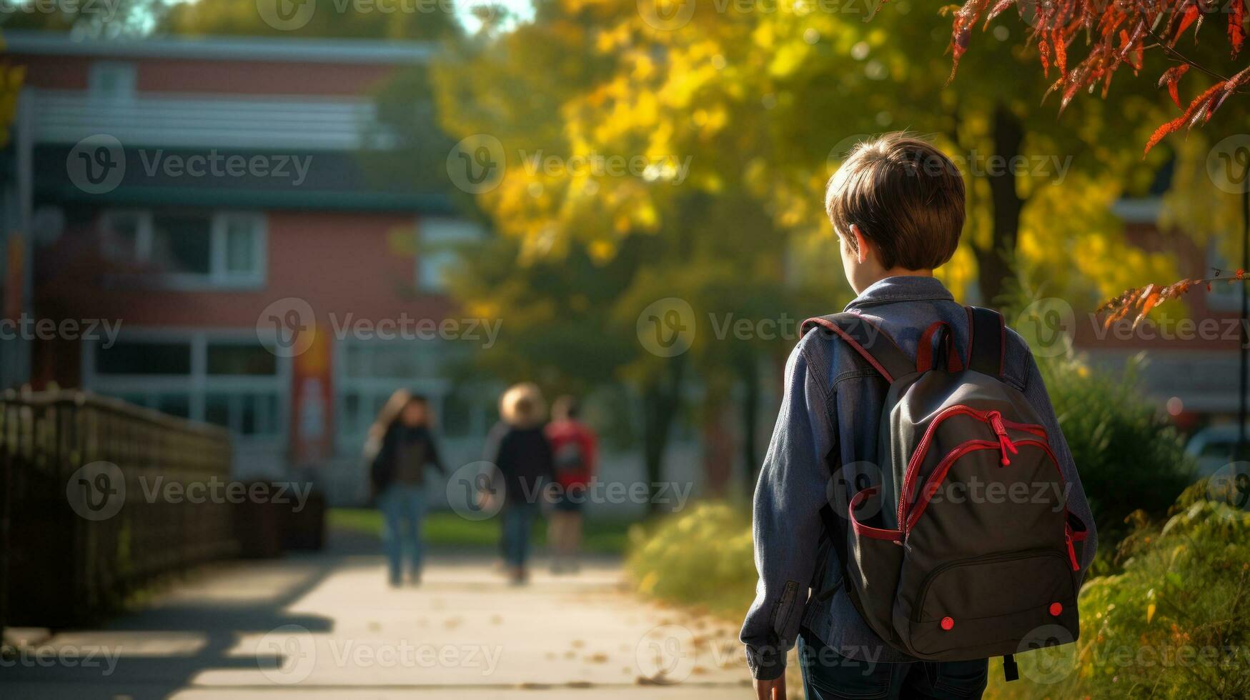 schoolboy with a backpack goes to school back view generative ai photo