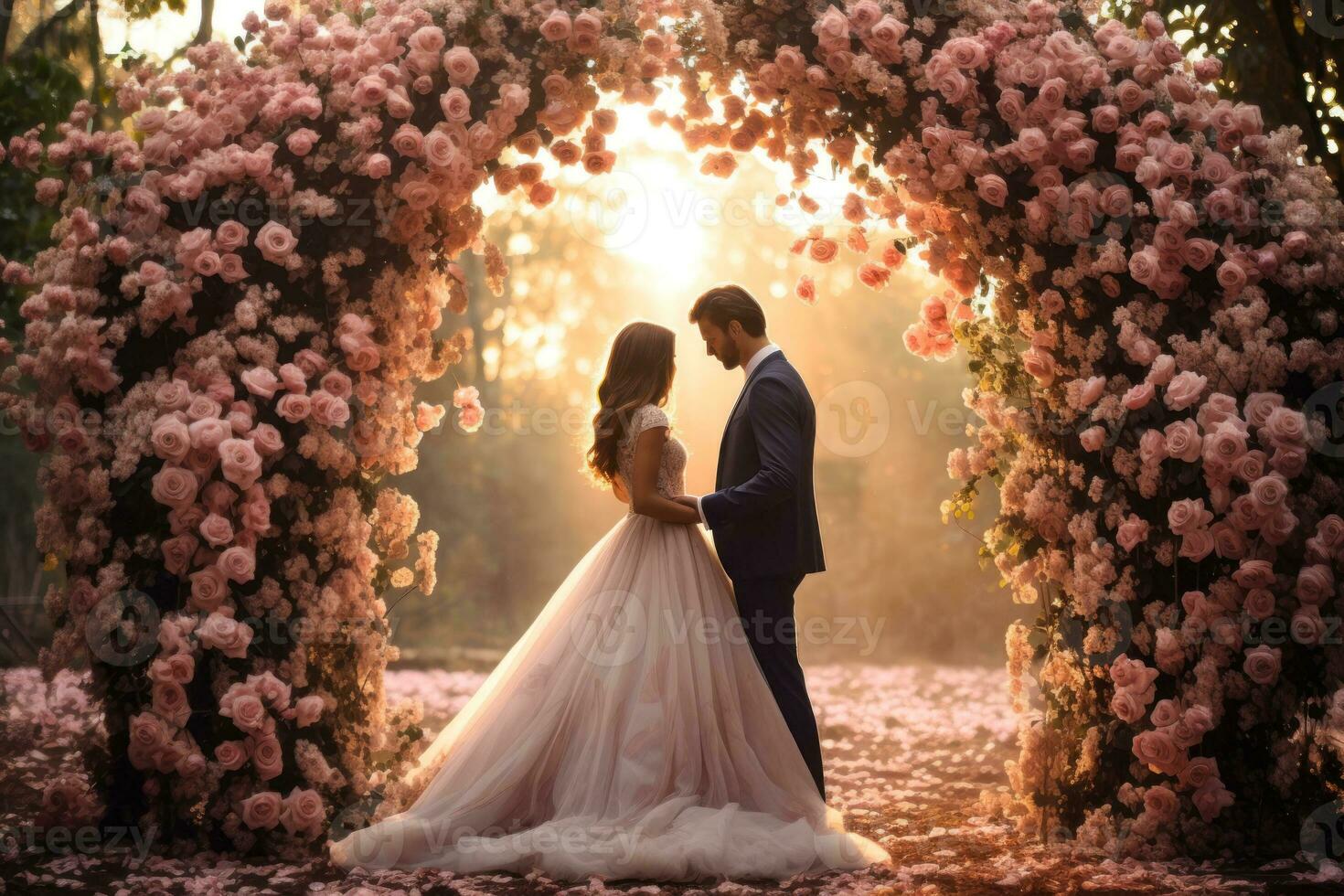 wedding couple in love in flower arch generative ai photo
