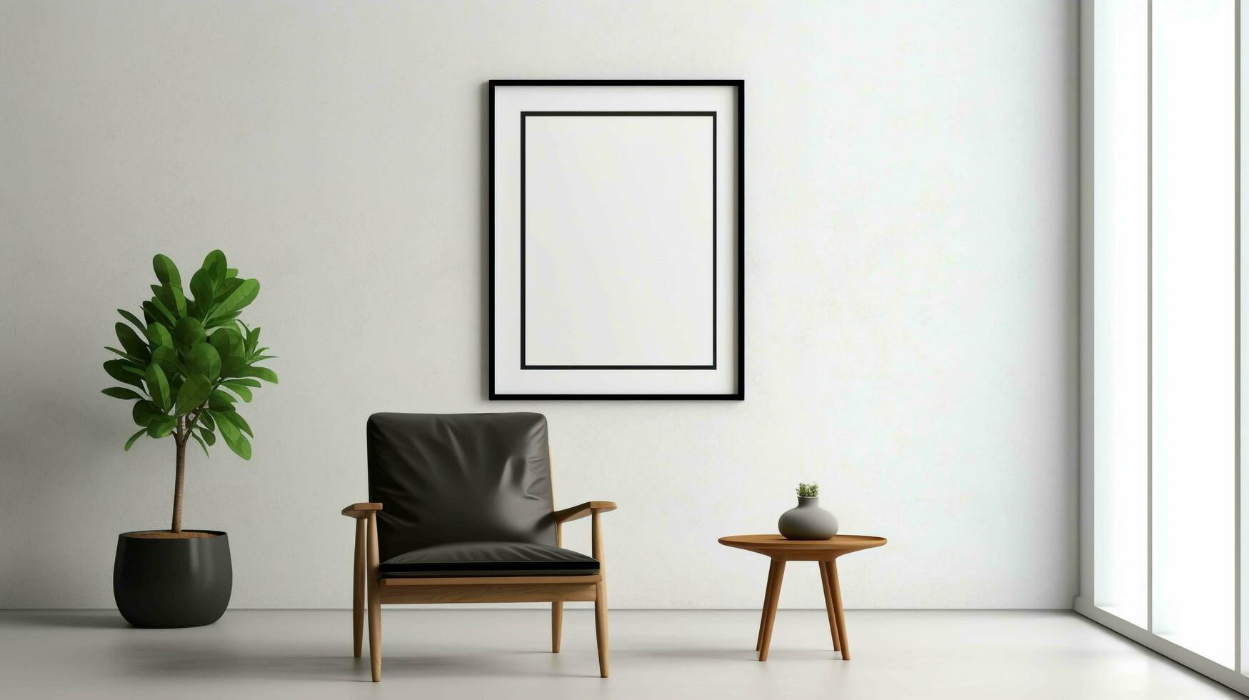 living room, blank white wall frame, AI generated photo