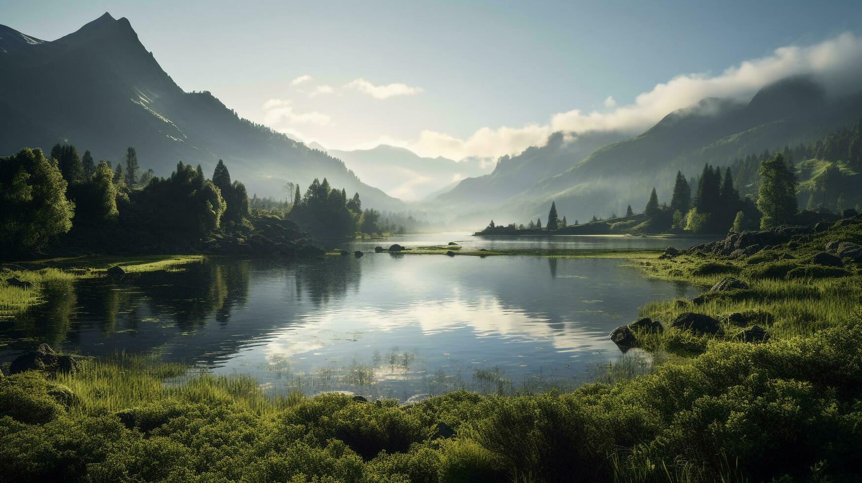 A scenic view of a serene lake surrounded by lush green trees and mountains photo