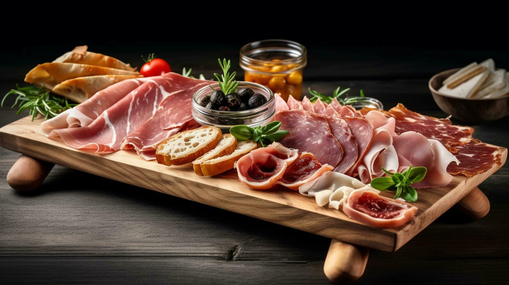 Sliced prosciutto on a wooden board, AI generated photo