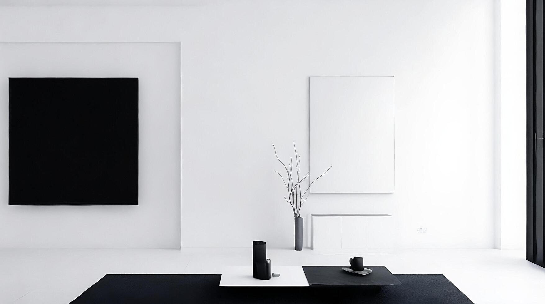 Minimalistic living room interior with white walls, concrete floor, black sofa and round coffee table. 3d rendering mock up photo