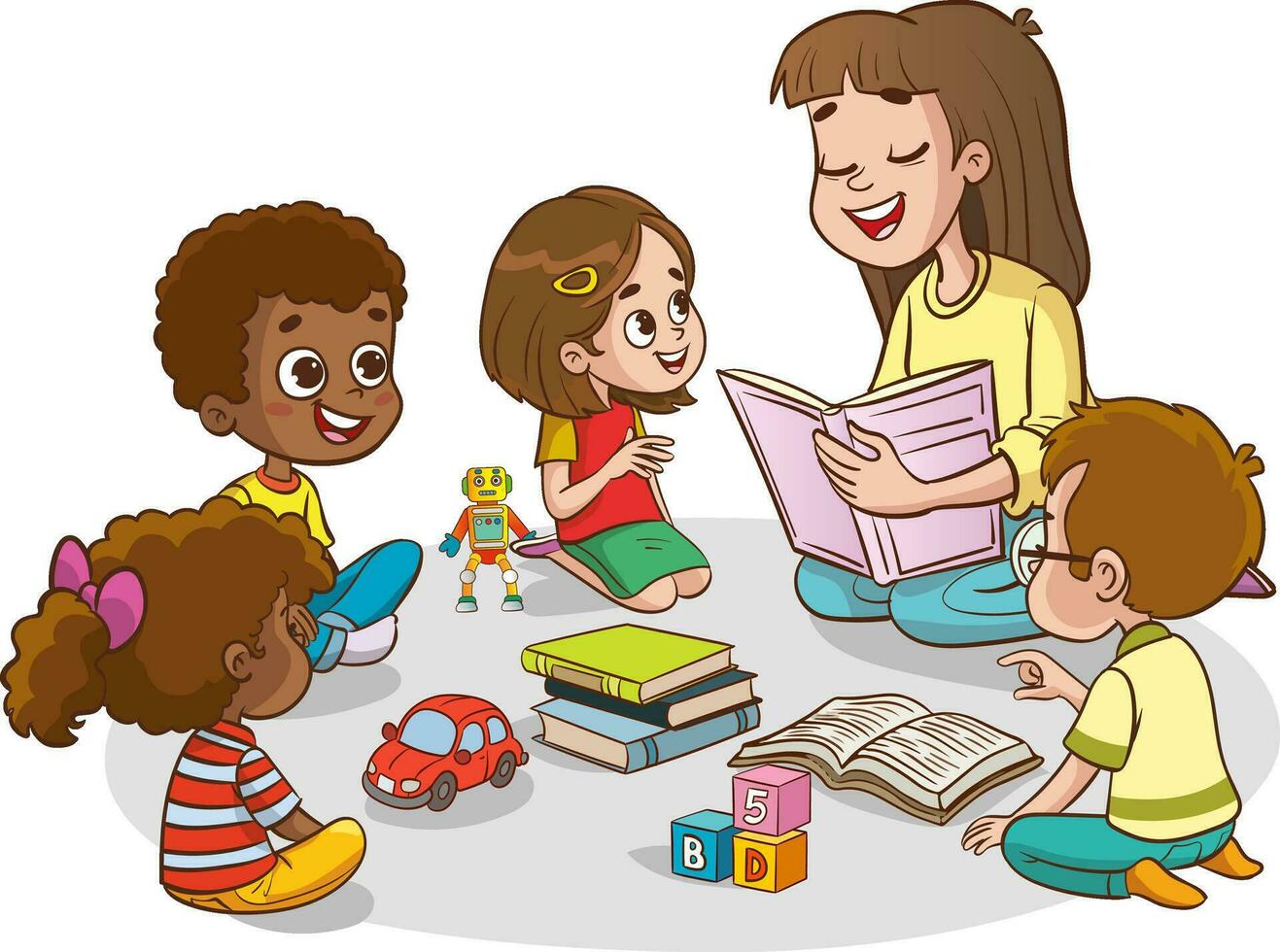 Illustration of multiracial kids and teacher sitting on the floor and reading the book.Reading and exploring vector