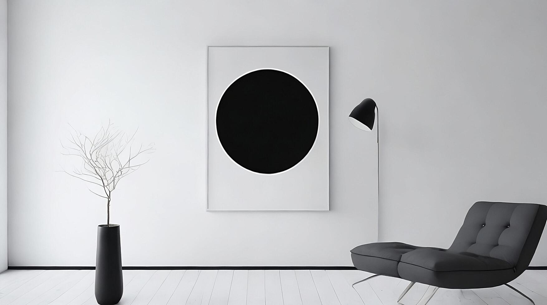 Minimalistic living room interior with white walls, concrete floor, black sofa and round coffee table. 3d rendering mock up photo