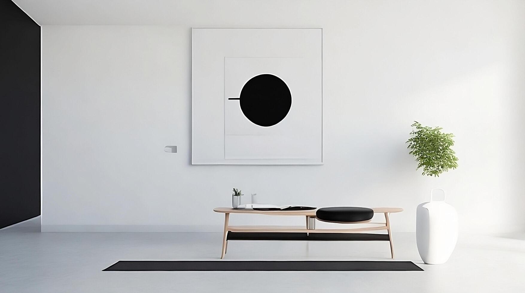 Minimalistic living room interior with white walls, concrete floor, black sofa and round coffee table. 3d rendering mock up photo