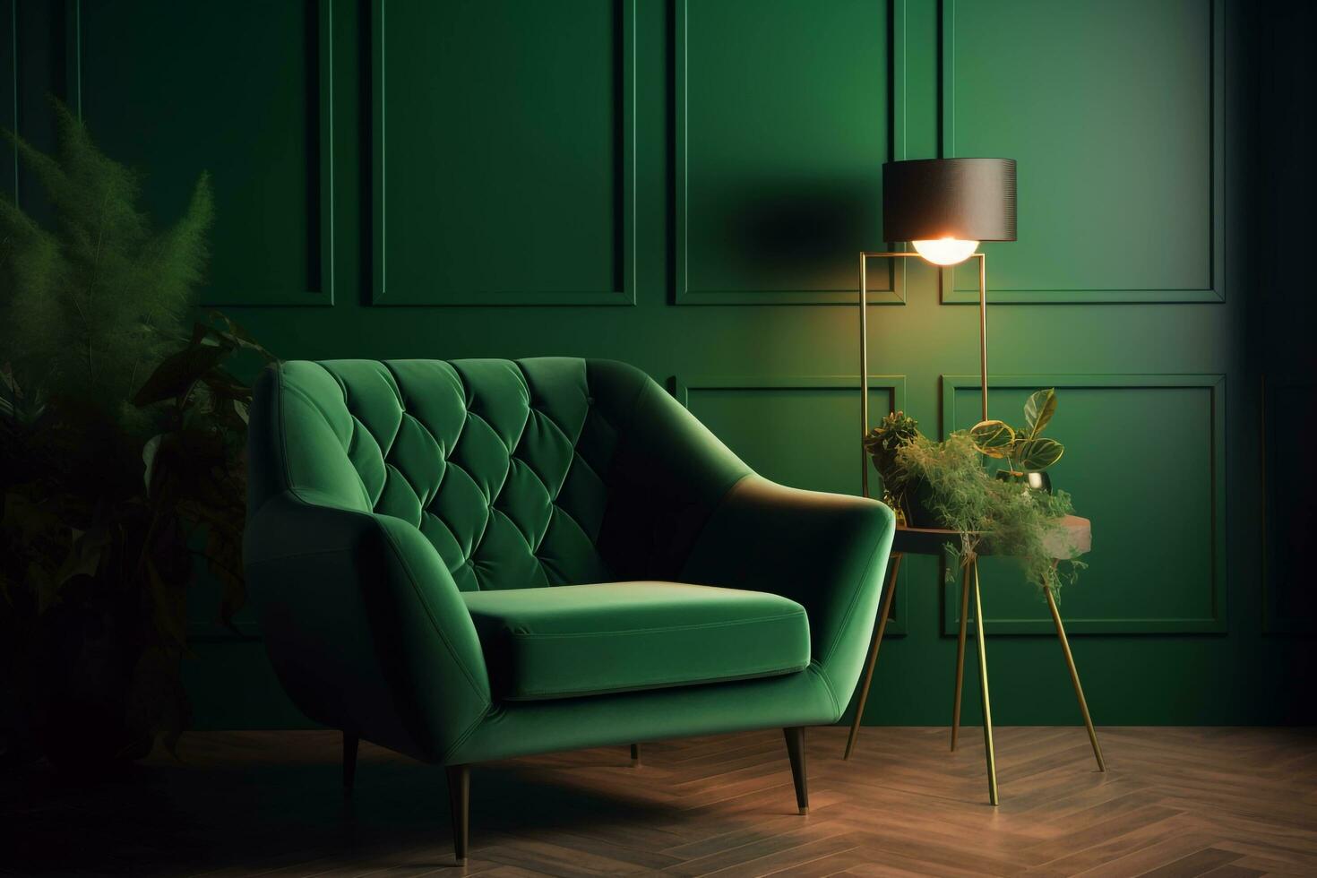 Green armchair in a comfortable living room with a dark green accent wall, AI Generated photo