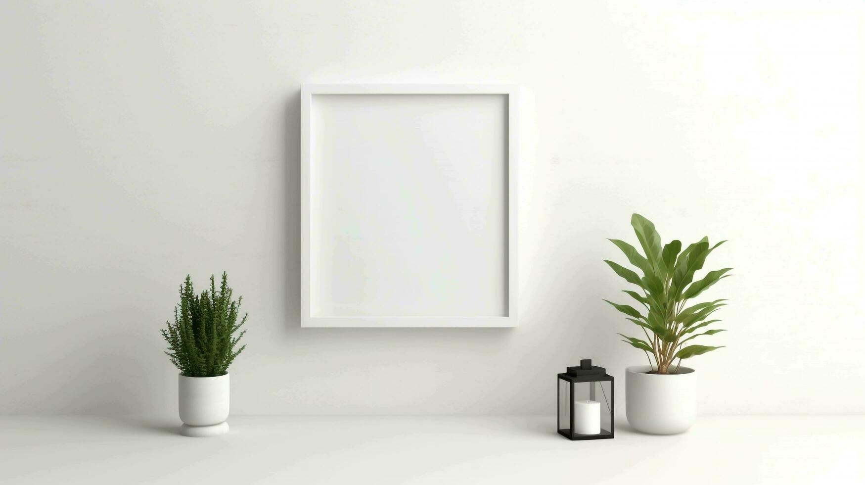 White empty frame mockup on empty white wall, AI generated photo