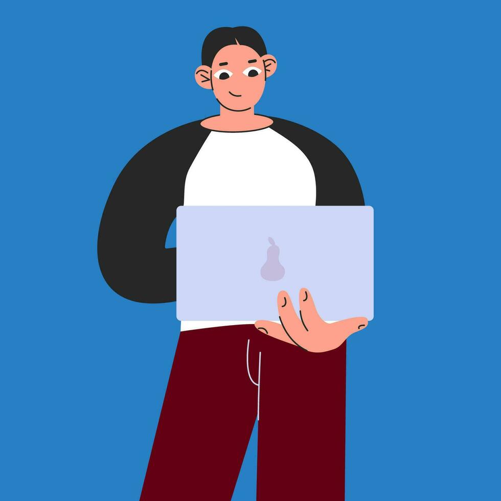 joven hombre participación un portátil computadora .chico es utilizando un artilugio. vector