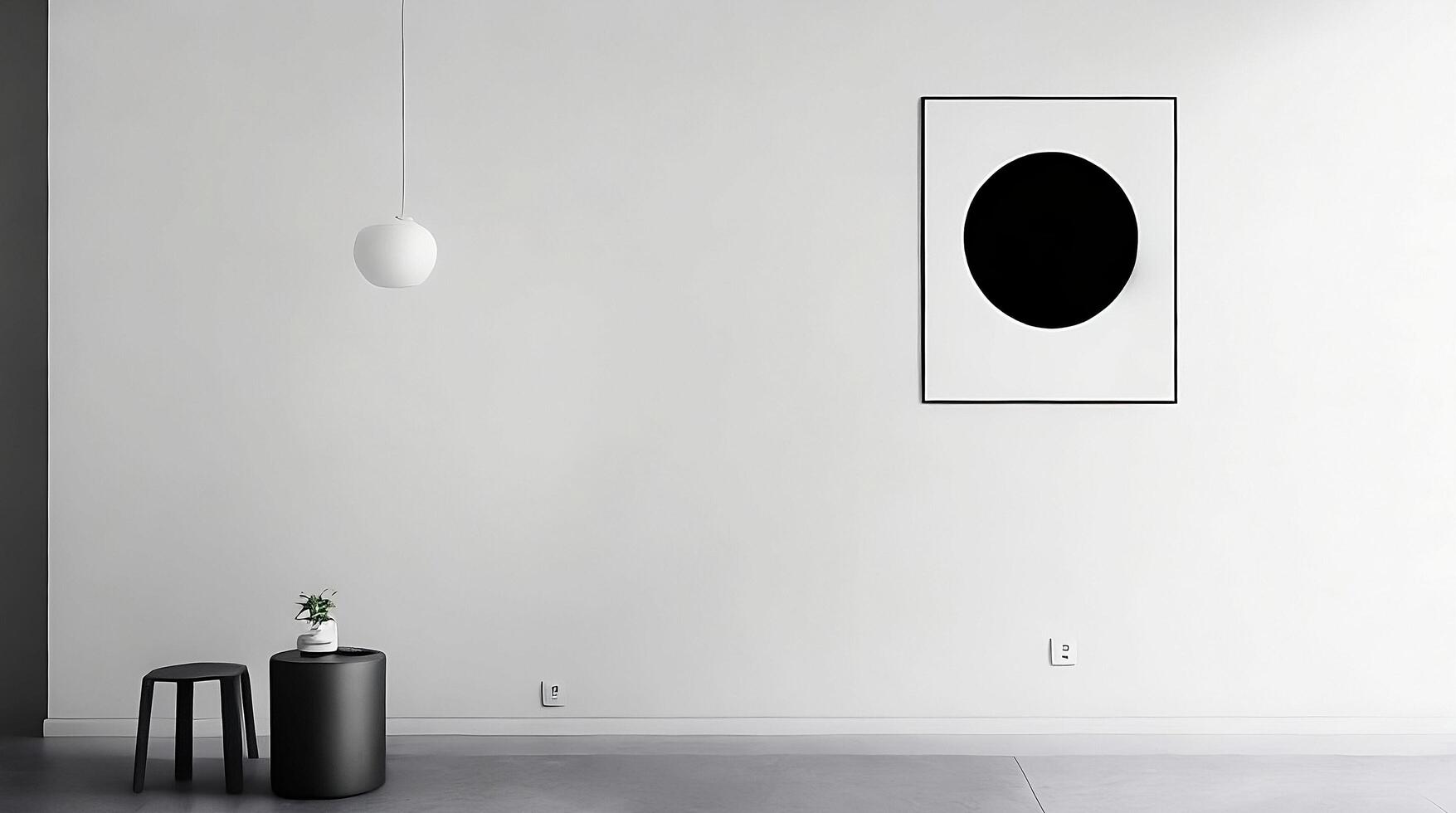 Minimalistic living room interior with white walls, concrete floor, black sofa and round coffee table. 3d rendering mock up AI Generative photo