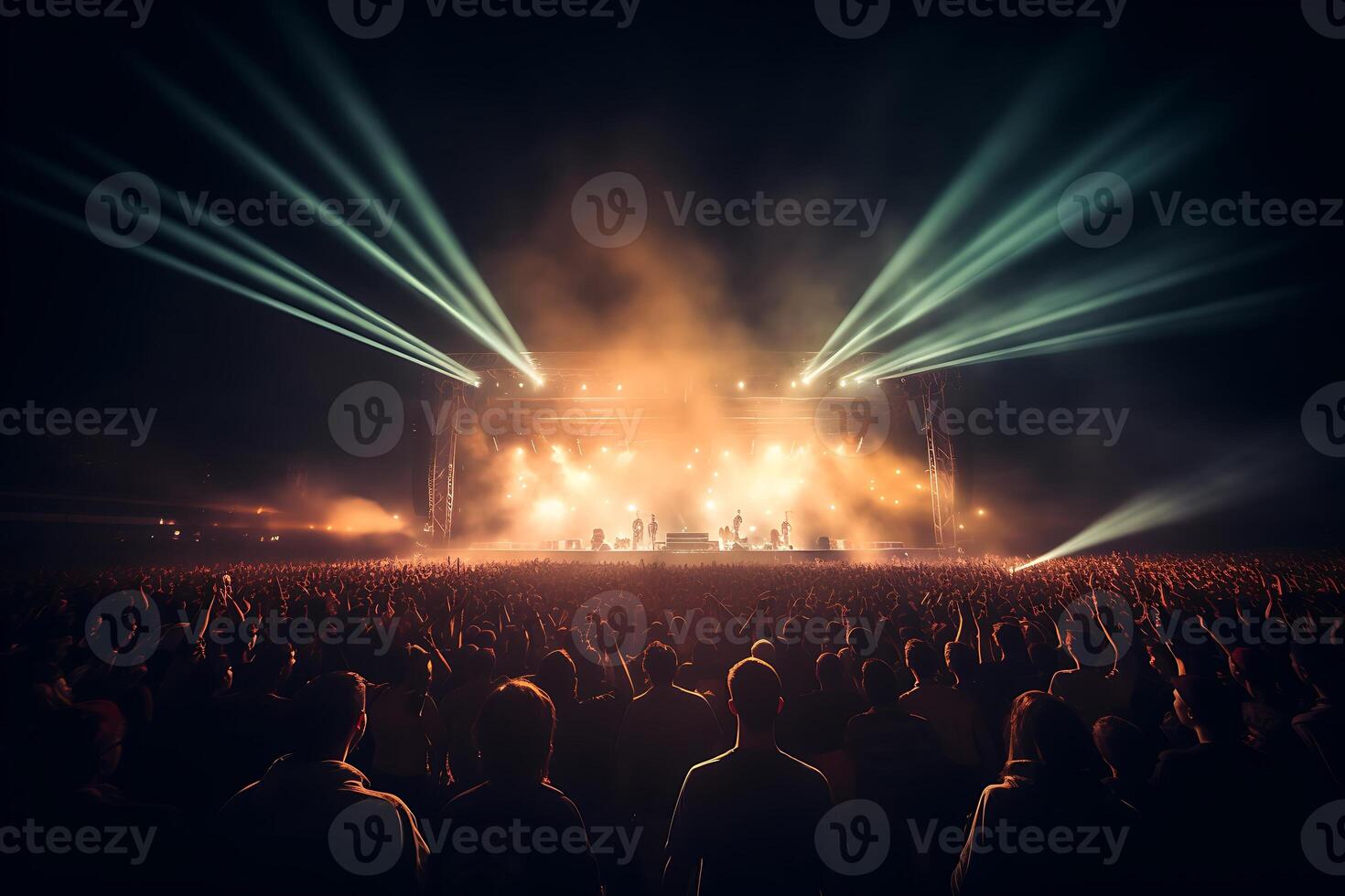 Group of people at a concert crowd. With party lights and smoke. AI Generated photo