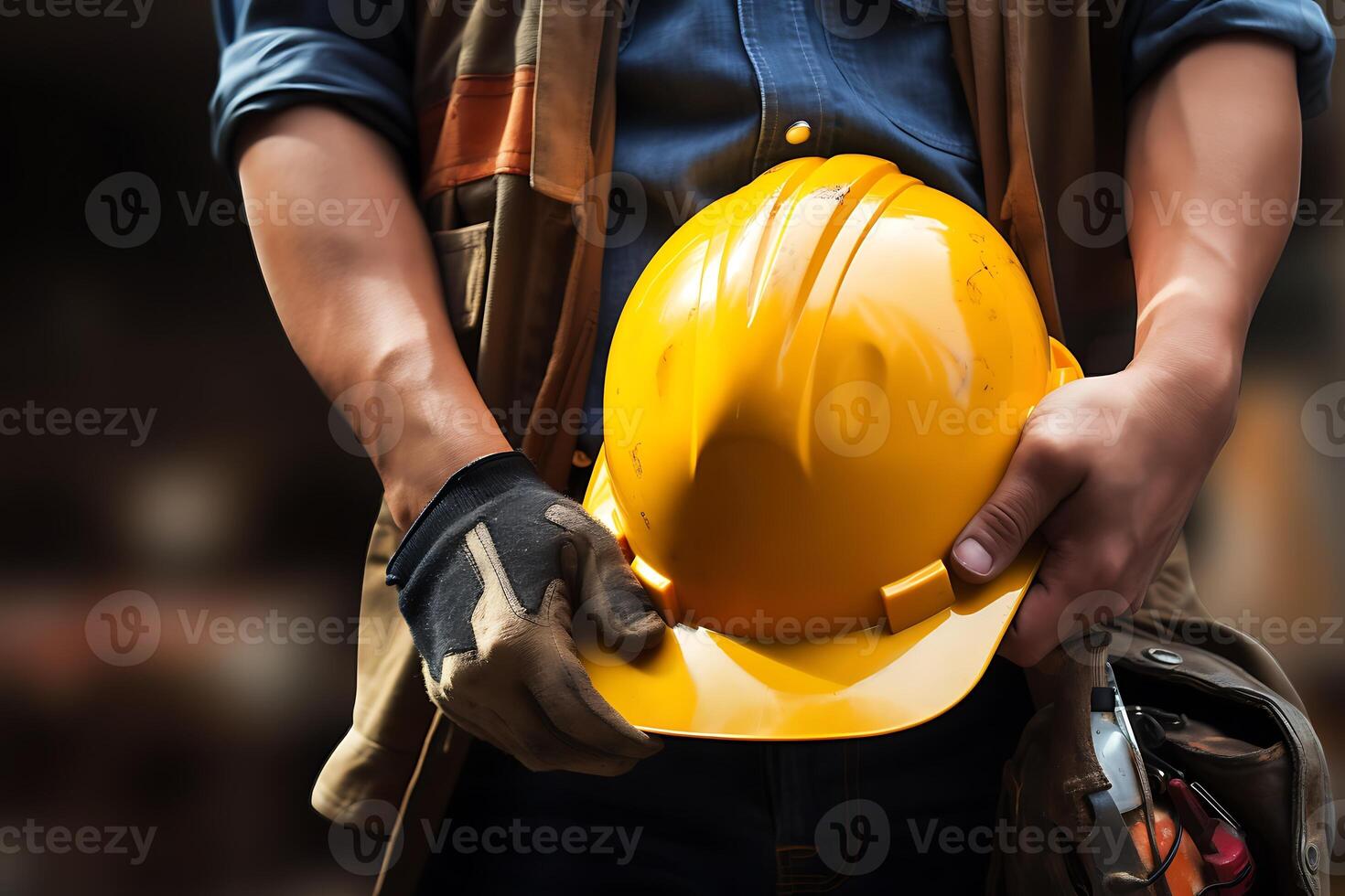 A Man holding construction helmet from front view. AI Generated. photo