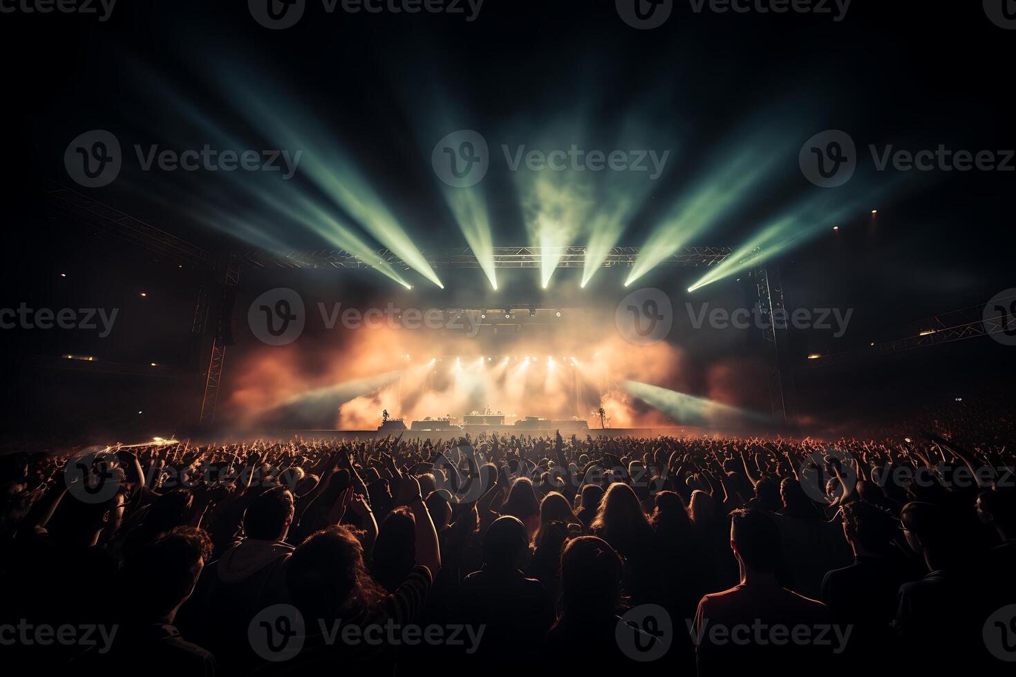 Group of people at a concert crowd. With party lights and smoke. AI Generated photo