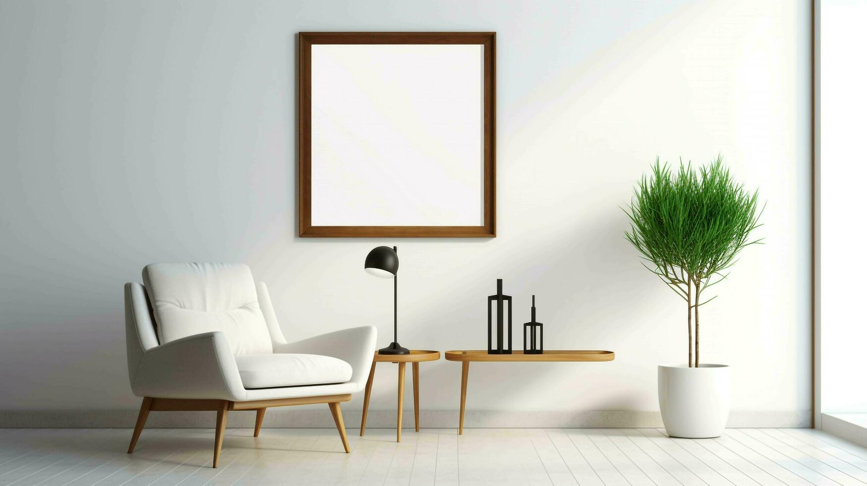 A clean and sleek modern interior with a white wall serving as the backdrop for an empty square frame mockup, AI generated photo