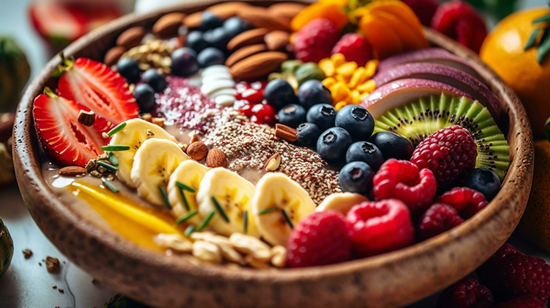 Vibrant smoothie bowl with colorful fruits, arranged topping, AI generated photo