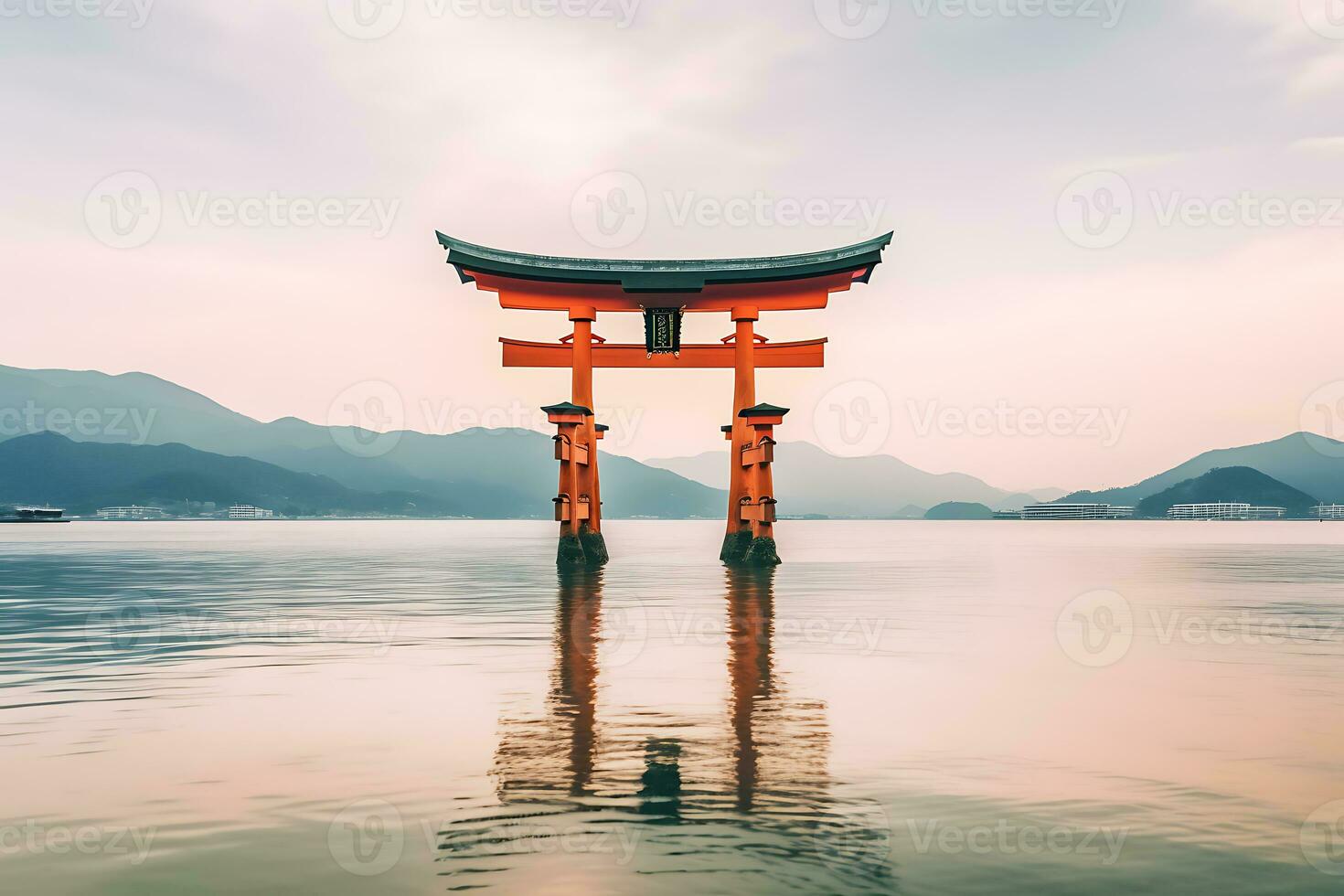 el famoso flotante torii portón en Japón. ai generado foto