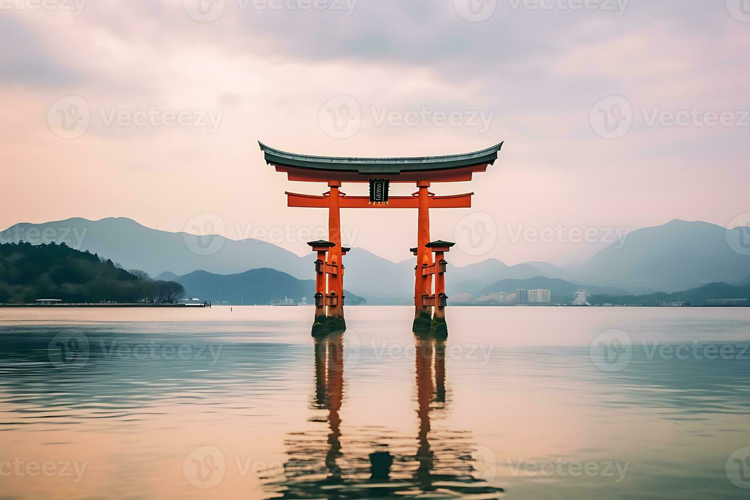 el famoso flotante torii portón en Japón. ai generado foto
