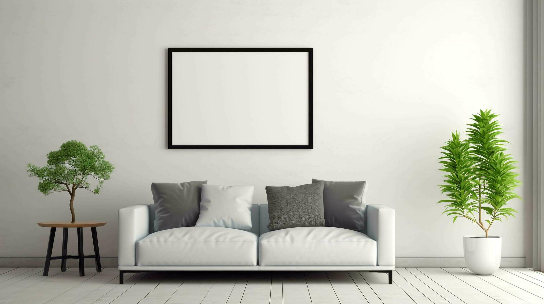 modern white living room blank picture frame mockup on white wall