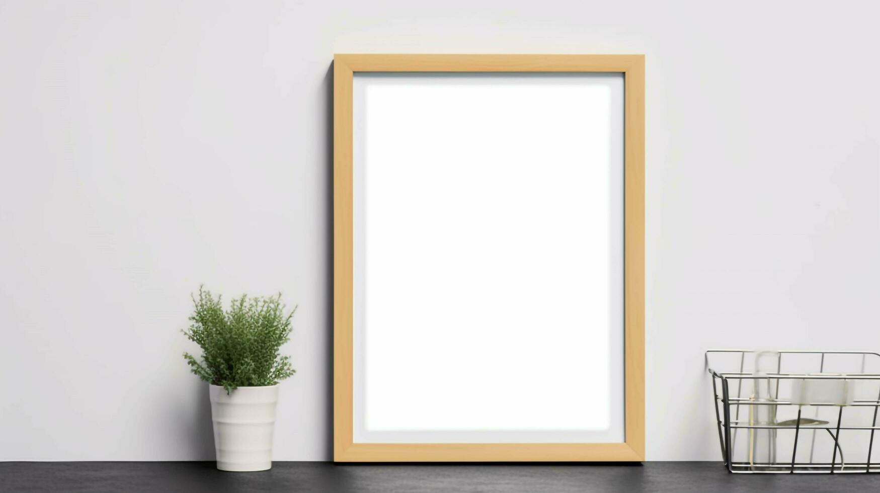 an empty square frame mockup hanging on a white wall in a modern minimalist interior, AI generated photo