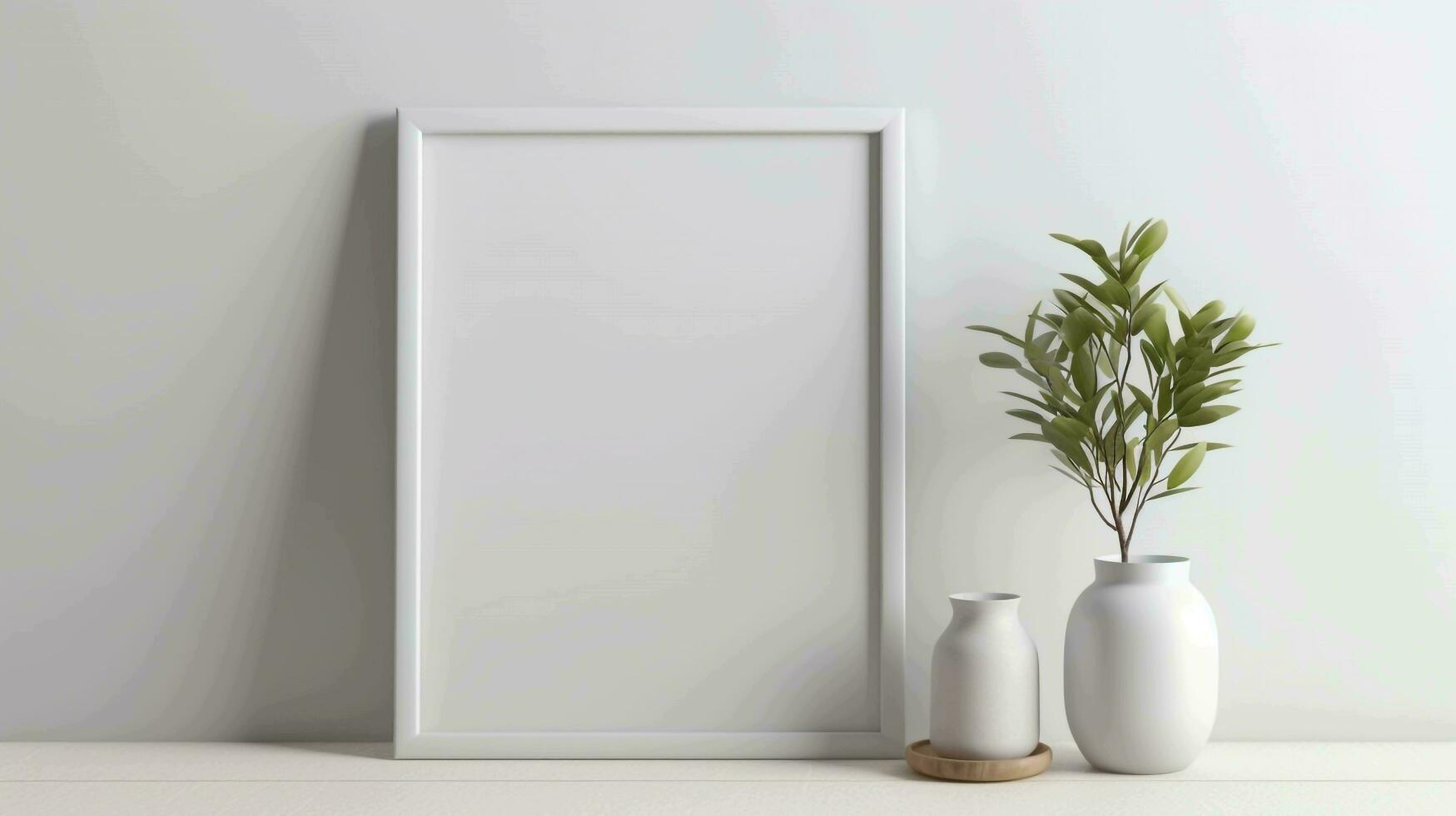 blank white picture with simple frame resting on modern table, AI generated photo