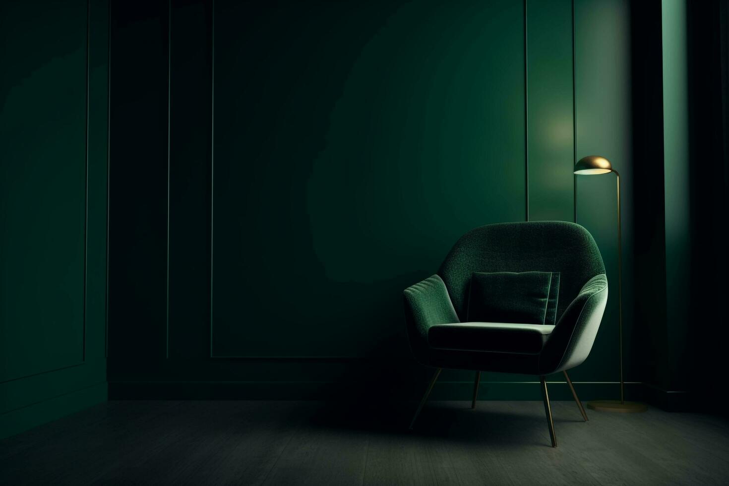Empty dark green wall background with a comfortable green armchair in living room,  AI Generated photo