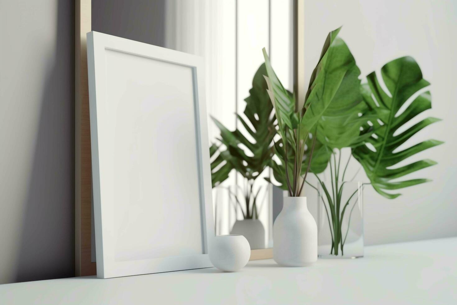 Contemporary white frame on white wall with plant and modern decor, AI Generated photo