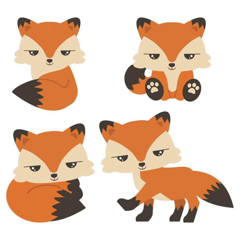Cute foxes cartoon in different poses set vector