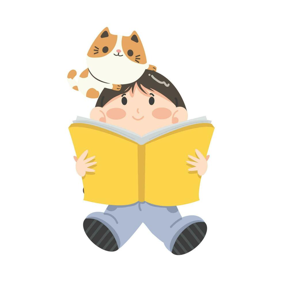 niña sentado leer libro con gato vector