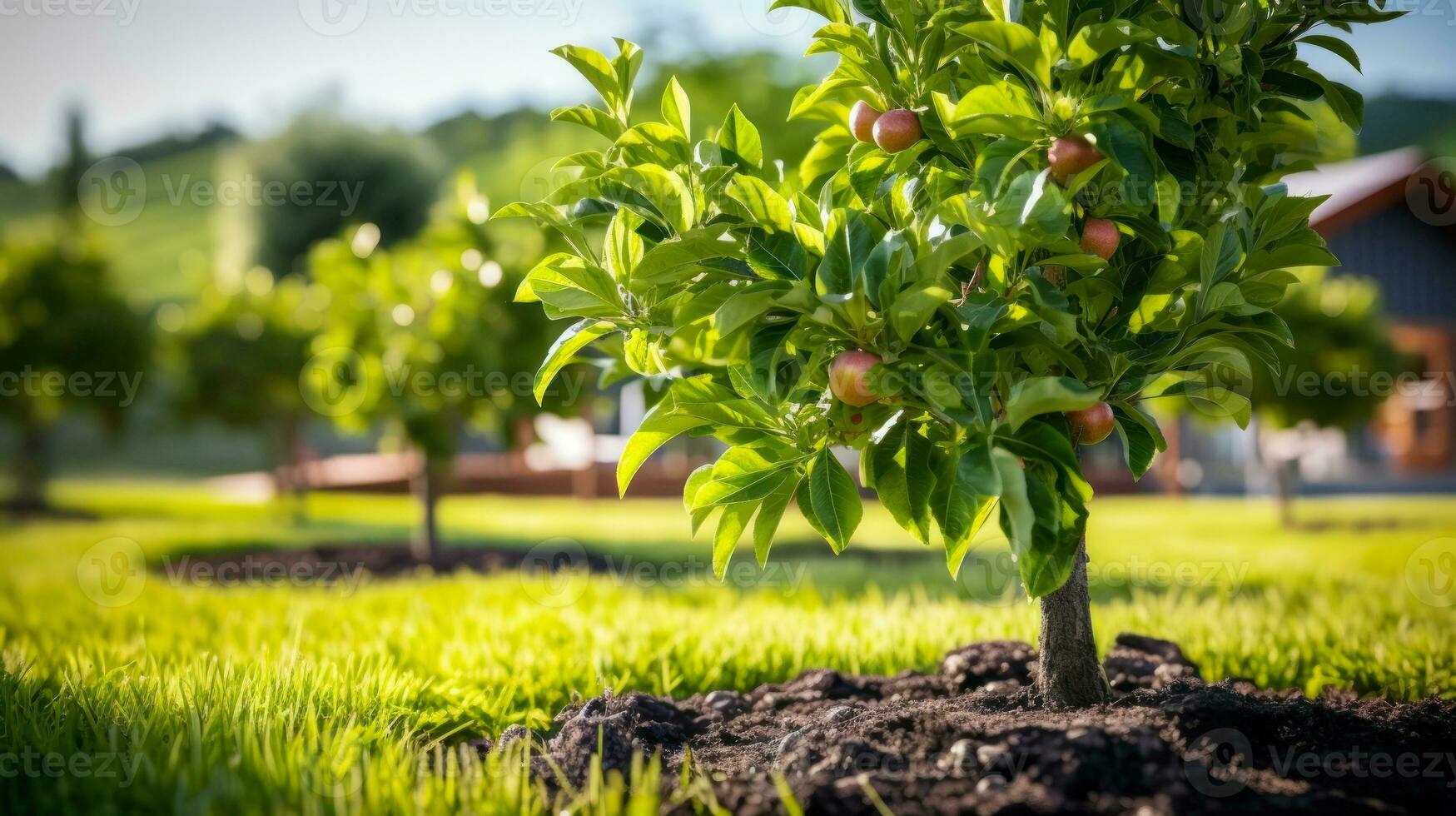 enano de columna verde manzana arboles en el jardín generativo ai foto