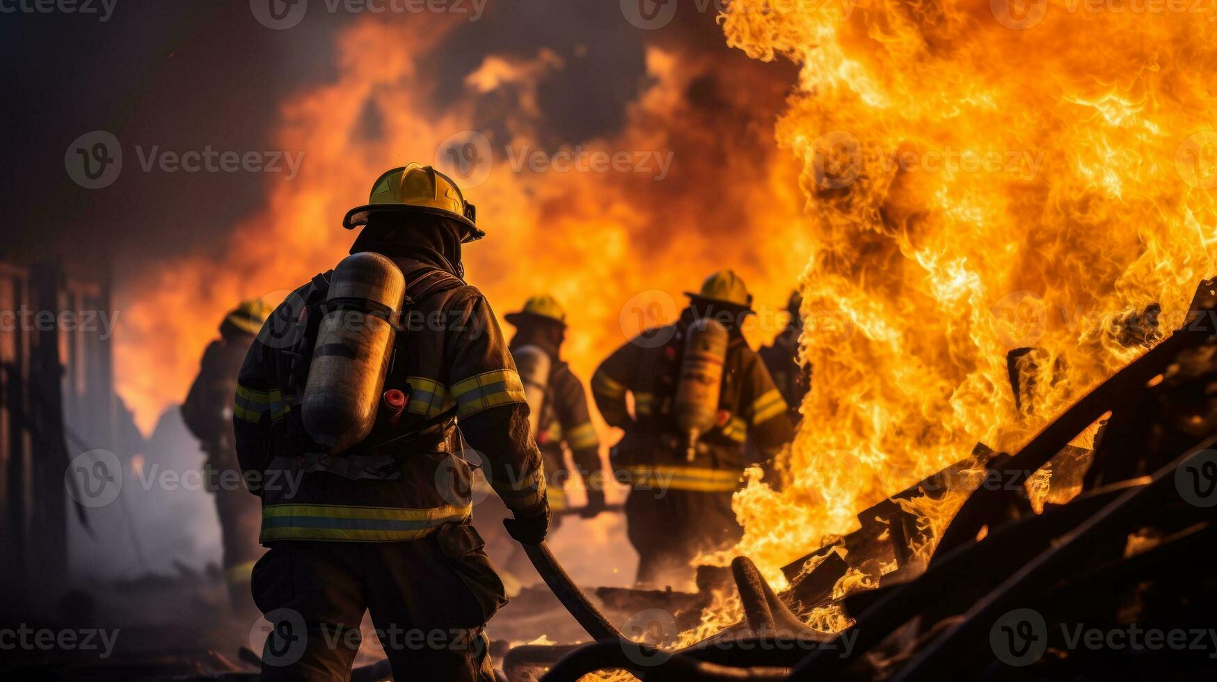 valiente bomberos poner fuera un fuerte fuego generativo ai foto