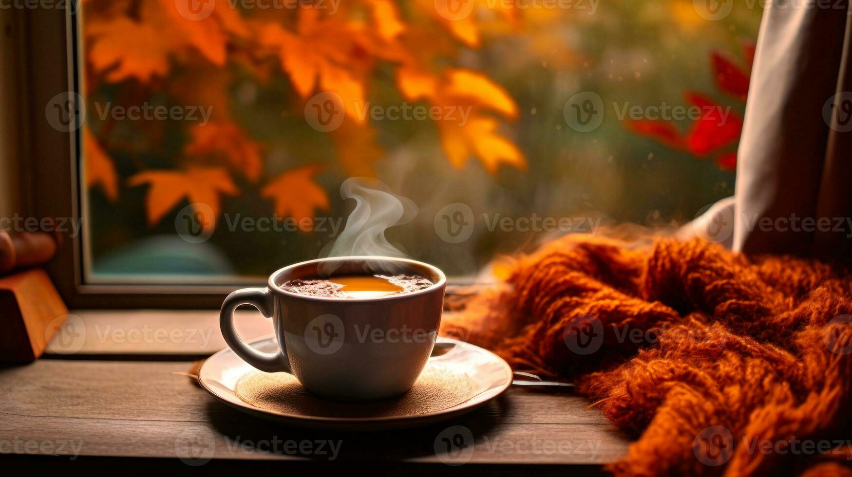 warm autumn day with a cup of coffee generative ai photo